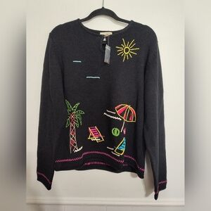 Vintage Embroidered Sweater Beach Theme Women's Size Large Travel Time Fun Sun